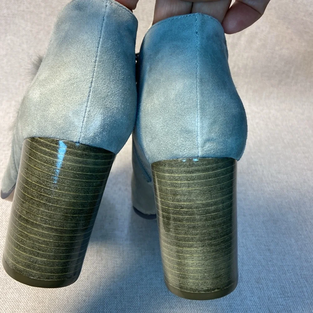 Gray Suede Pom-Pom Block Heel Booties - Women